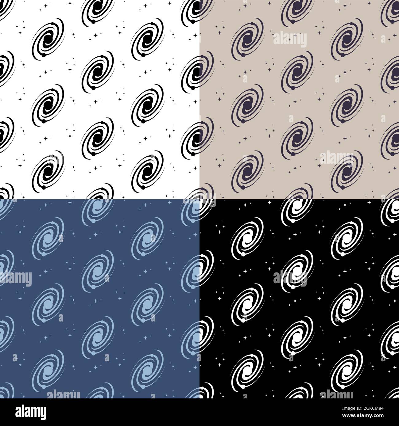 set di pattern senza giunture con galassia a spirale schematica. Esplorazione dello spazio e dei cluster di stelle. Ornamento per decorazione e stampa su tessuto. Design Illustrazione Vettoriale