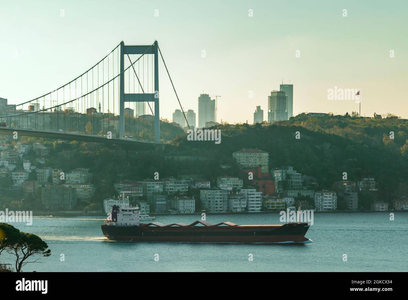 Nave da carico che naviga nelle acque dello stretto del Bosforo passando sotto il Ponte del Bosforo a Istanbul in Turchia Foto Stock