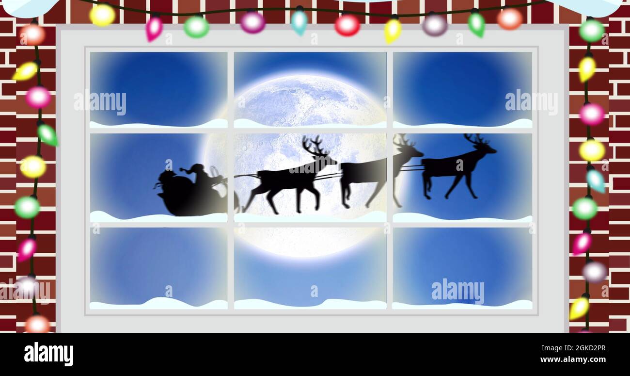 Immagine digitale di luce fata su legno fama contro la silhouette nera di babbo natale in slitta Be Foto Stock