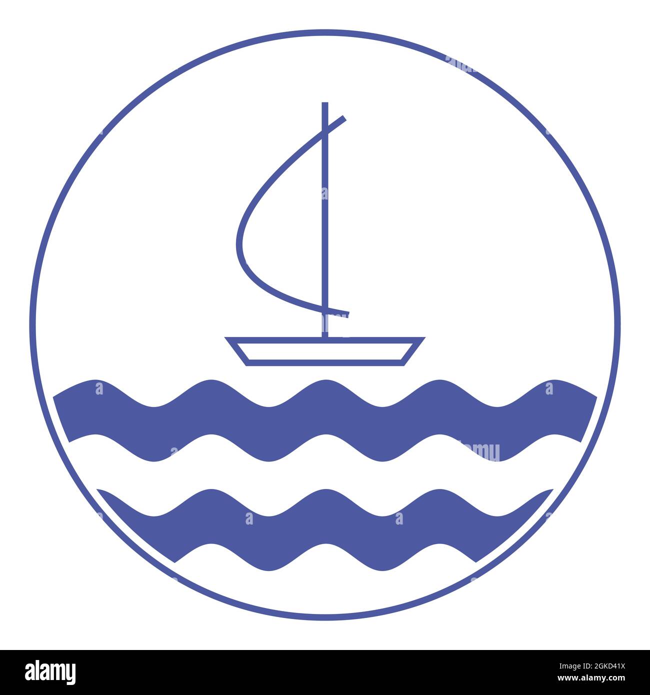 Emblema rotondo blu e bianco. Viaggio in mare sotto la vela. Piccola barca a vela sulle onde blu. Profilo della barca a vela. Le onde si infrangono sulla barca a vela. Lavaggi in mare Illustrazione Vettoriale