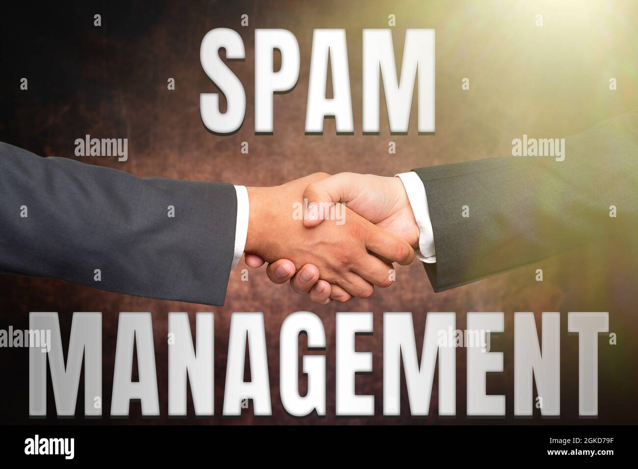 Segno che visualizza Gestione spam. Internet Concept aiuta a ridurre o filtrare la quantità di spam nella tua casella di posta due Professional ben vestito Corporate Foto Stock