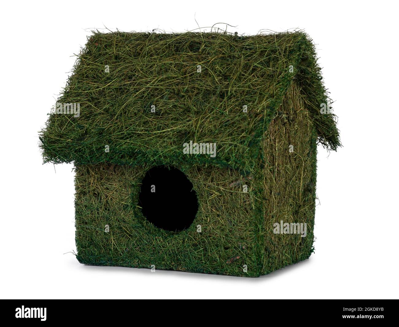 Casa di roditori vuota, fatta di erba. Colore verde. Isolato su sfondo bianco. Foto Stock