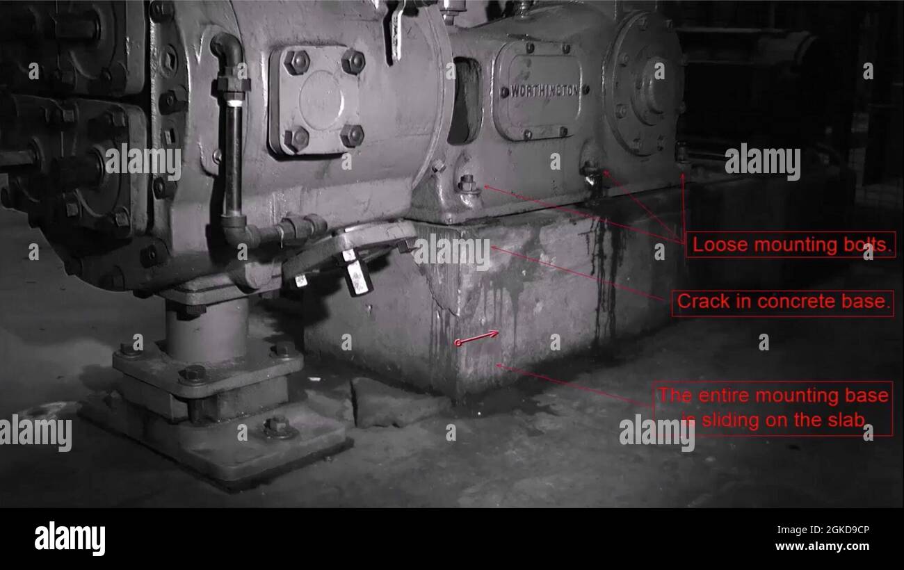 Una schermata acquisita da un test della pompa a vuoto presso il complesso di logistica dell'aria di Oklahoma City mostra un movimento significativo dovuto a bulloni allentati e una crepa in una base concreta che gli ingegneri sostengono avrebbe causato un guasto catastrofico e costato all'Air Force più di mezzo milione di dollari. Il movimento è praticamente inrilevabile per l'occhio umano, ma la nuova tecnologia, utilizzata dal 76th Maintenance Support Group, consente ai tecnici di individuare le cause di deflessione, spostamento, movimento e vibrazione. Foto Stock