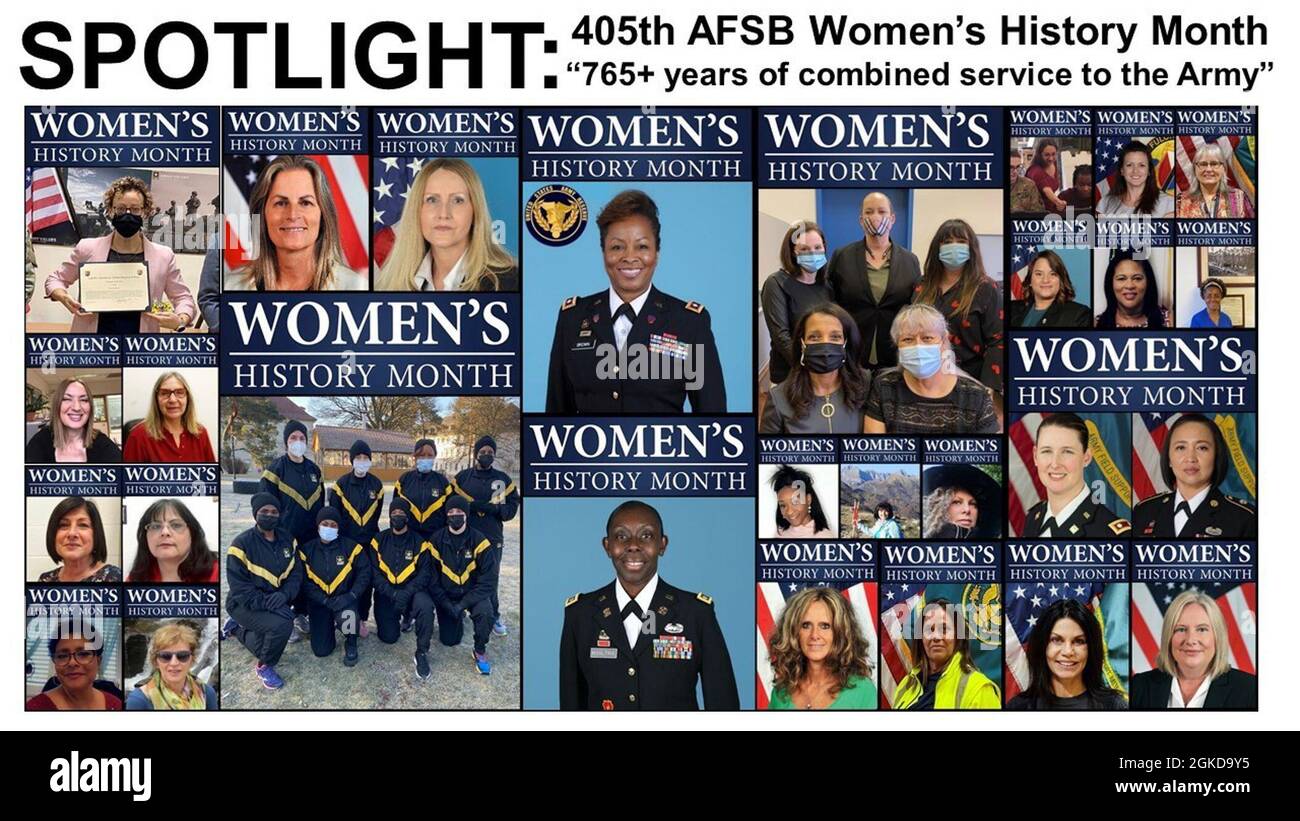 Nella foto, 39 donne della 405a Brigata di sostegno sul campo dell'Esercito, con più di 765 anni di servizio combinato con l'Esercito, sono state evidenziate ogni giorno durante il mese Nazionale della Storia delle Donne. Sono solo un piccolo esempio delle più di 174,000 donne che servono in ogni campo di carriera dell'esercito oggi - tutti i membri critici del team dell'esercito. Foto Stock