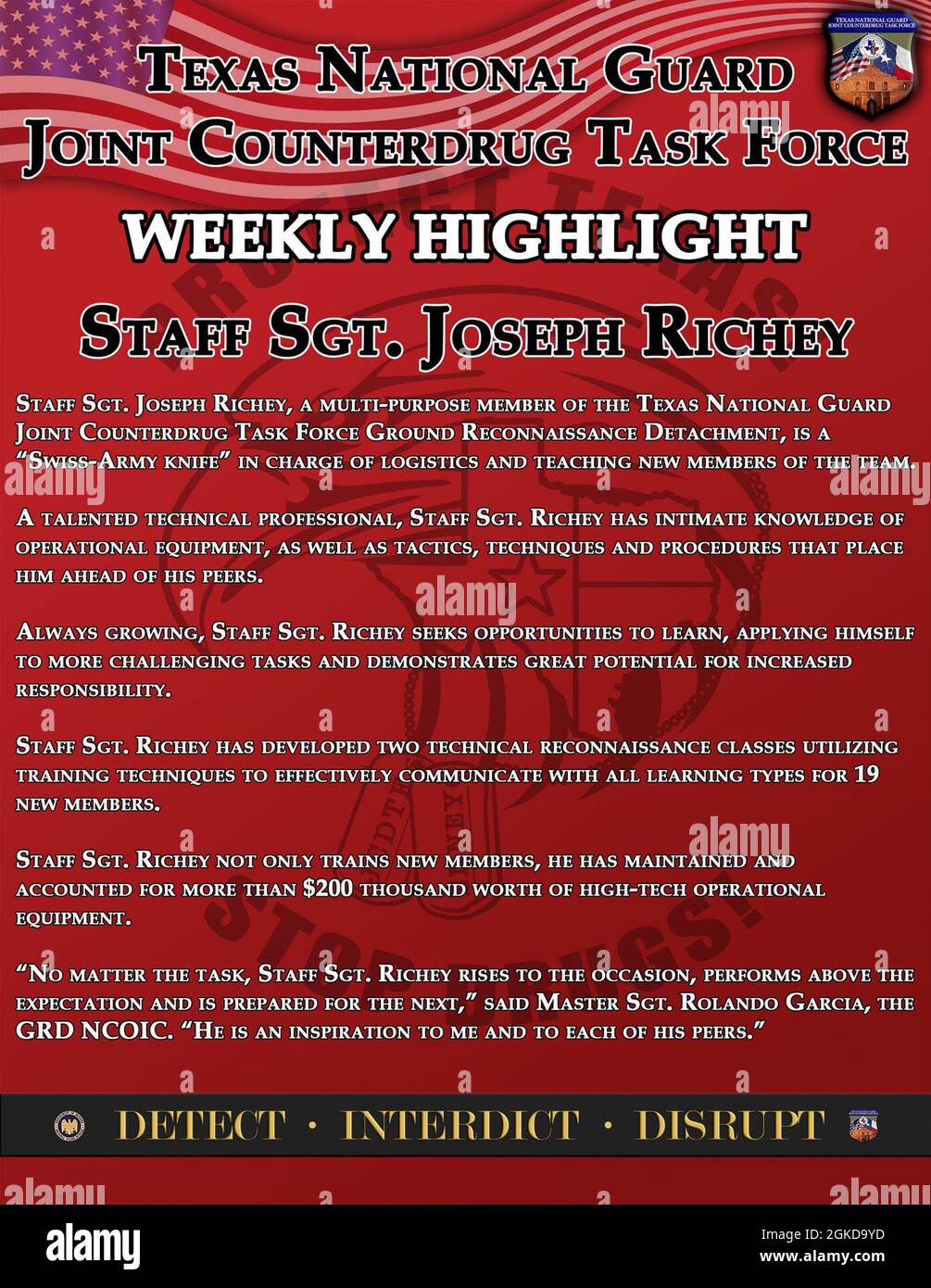 La Texas National Guard Joint Counterdrug Task Force sostiene l'applicazione della legge in tutto lo stato da oltre 30 anni. Questa settimana, evidenziiamo un membro della task force nel nostro distacco di ricognizione a terra. Foto Stock