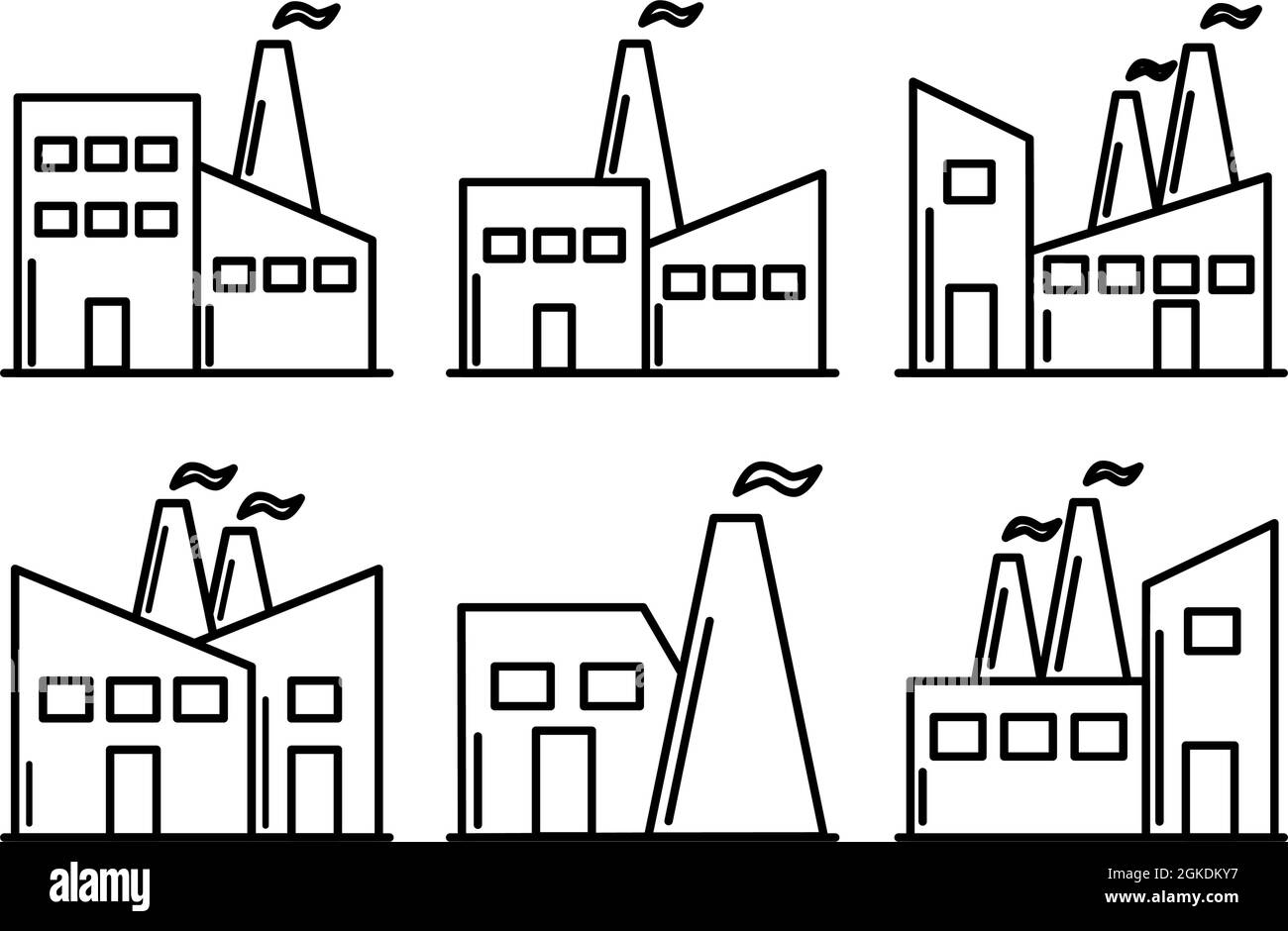 Produzione industriale fabbrica collezione nero vettore quadrato set di icone o linea di silhouette logo isolato su bianco vettore sfondo simbolo illustrazione Illustrazione Vettoriale