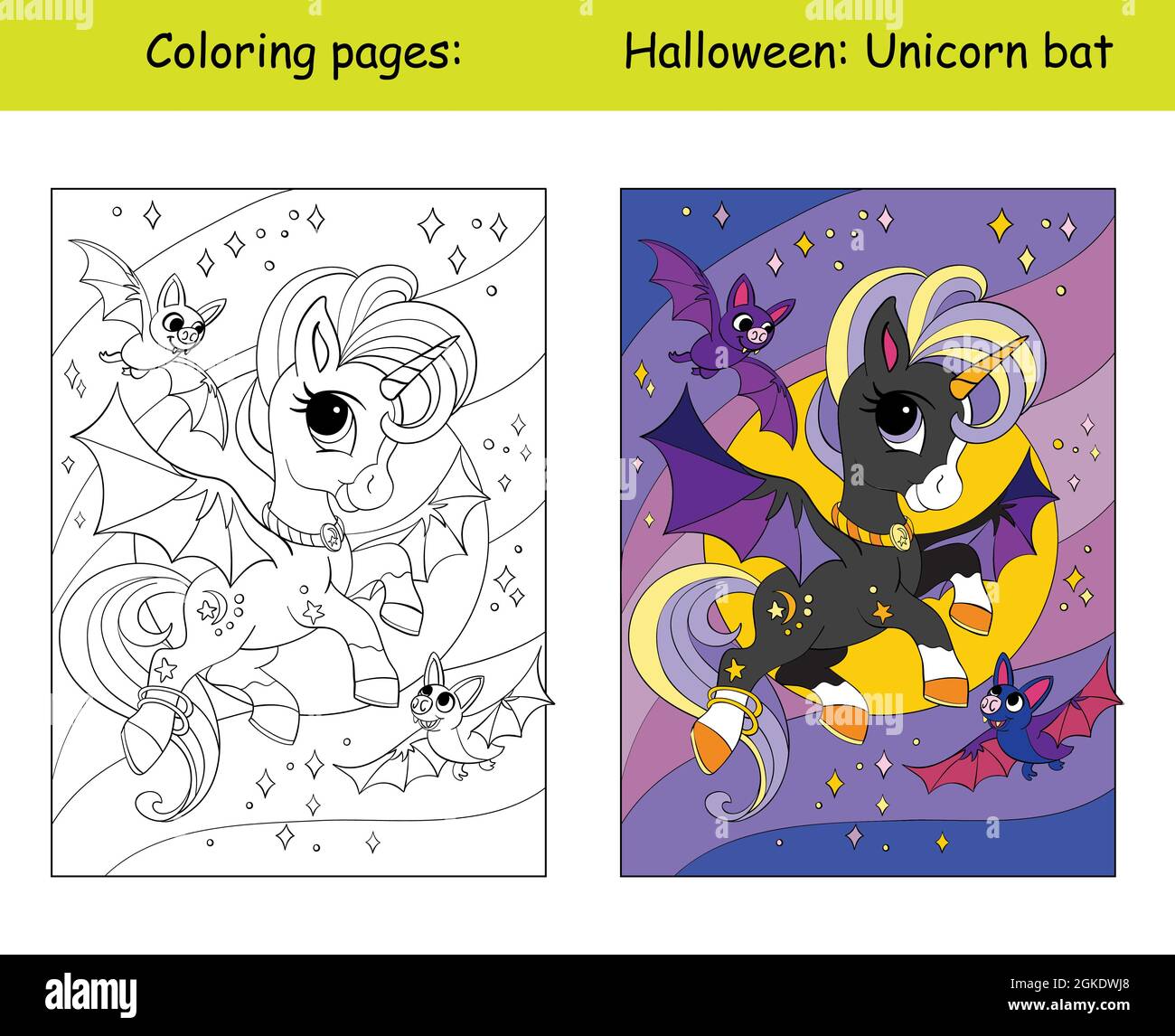 Simpatico unicorno con ali vola nel cielo stellato di notte con bats.Halloween concetto. Colorazione per bambini con modello colorato. Vettore cartoon illust Illustrazione Vettoriale