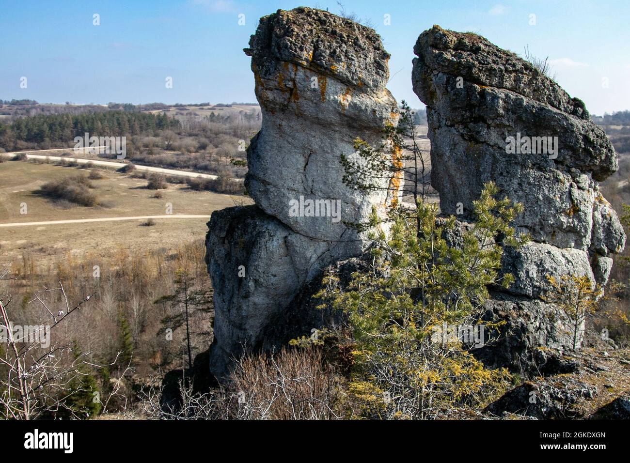 Un colpo di roccia del camino 24 marzo 2021 sull'area di addestramento di Grafenwoehr, Grafenwoehr, Germania. Il 7° comando di addestramento dell'Esercito lavora con la Bundesforst tedesca per proteggere e sostenere l'ambiente in GTA. Importante sito natura 2000 in Baviera, GTA ospita centinaia di specie vegetali e animali. Foto Stock