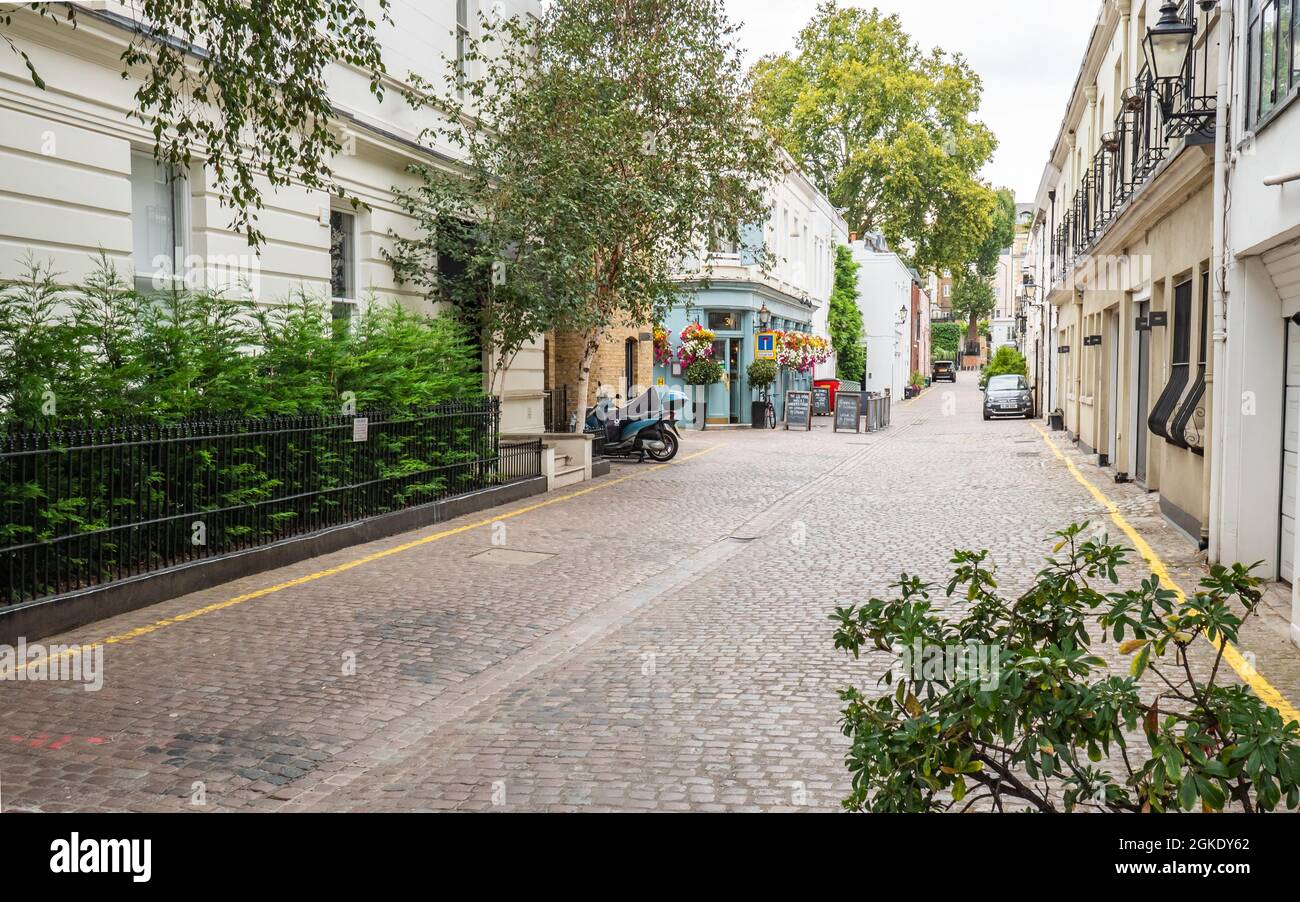 Cottbled mews e pub sul retro, Londra. Una tipica strada mews a South Kensington con una tradizionale casa pubblica all'angolo di una strada alberata. Foto Stock