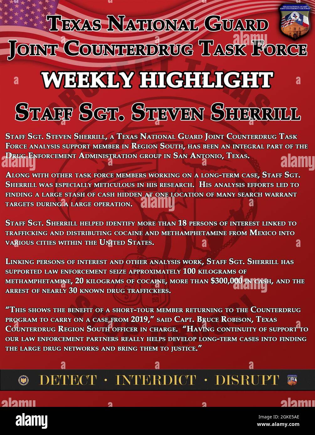 La Texas National Guard Joint Counterdrug Task Force sostiene l'applicazione della legge in tutto lo stato da oltre 30 anni. Questa settimana, sottolineiamo un membro della task force nella regione sud, che sostiene la Drug Enforcement Administration, che mette in atto un'ampia rete di traffico di droga. Foto Stock