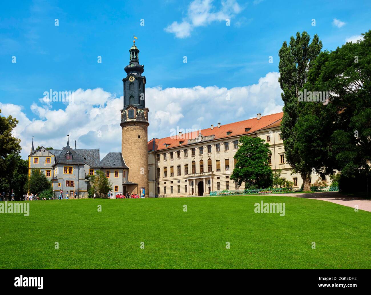Weimar City Palace con la Torre del Palazzo e la Bastiglia, Weimar, Turingia, Germania Foto Stock