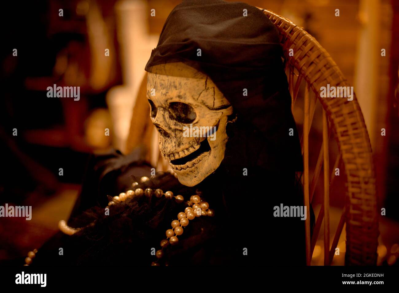 costume da scheletro per festa di halloween. donna in nero Foto Stock