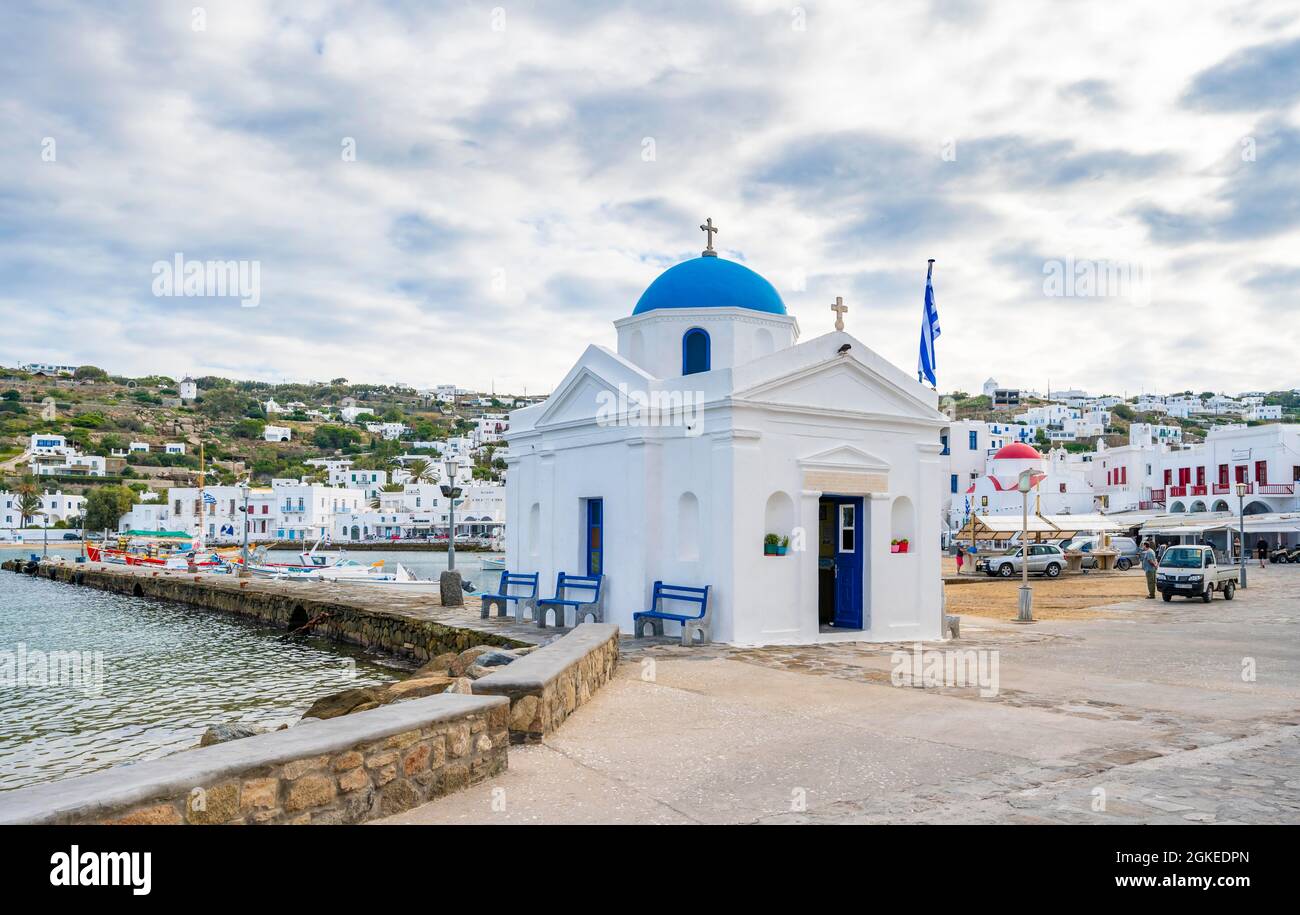 Chiesa greco-ortodossa delle Cicladi, Old Town Chora, Mykonos Town, Mykonos, Cicladi, Grecia Foto Stock