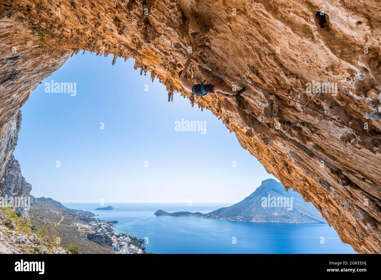 Grande Grotta, settore Armeos, alpinismo, arrampicata sportiva, Kalymnos, Dodecanese, Grecia Foto Stock