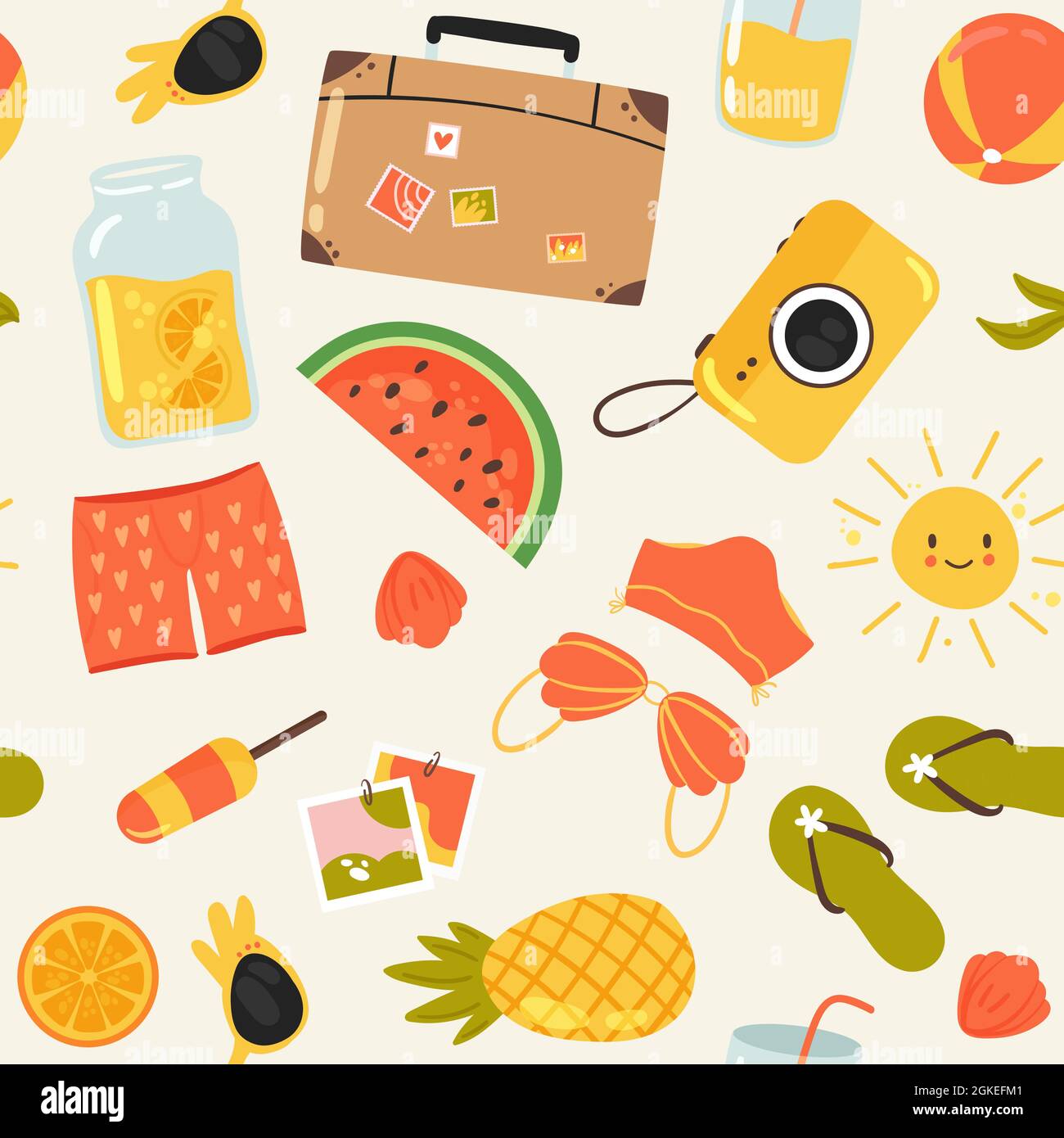 Illustrazione vettoriale del motivo senza giunture estivo. Cocomero carino cartoon, gelato dolce dessert, valigia, macchina fotografica, costume da bagno bikini, spiaggia di mare, infradito e occhiali da sole isolati su bianco Illustrazione Vettoriale