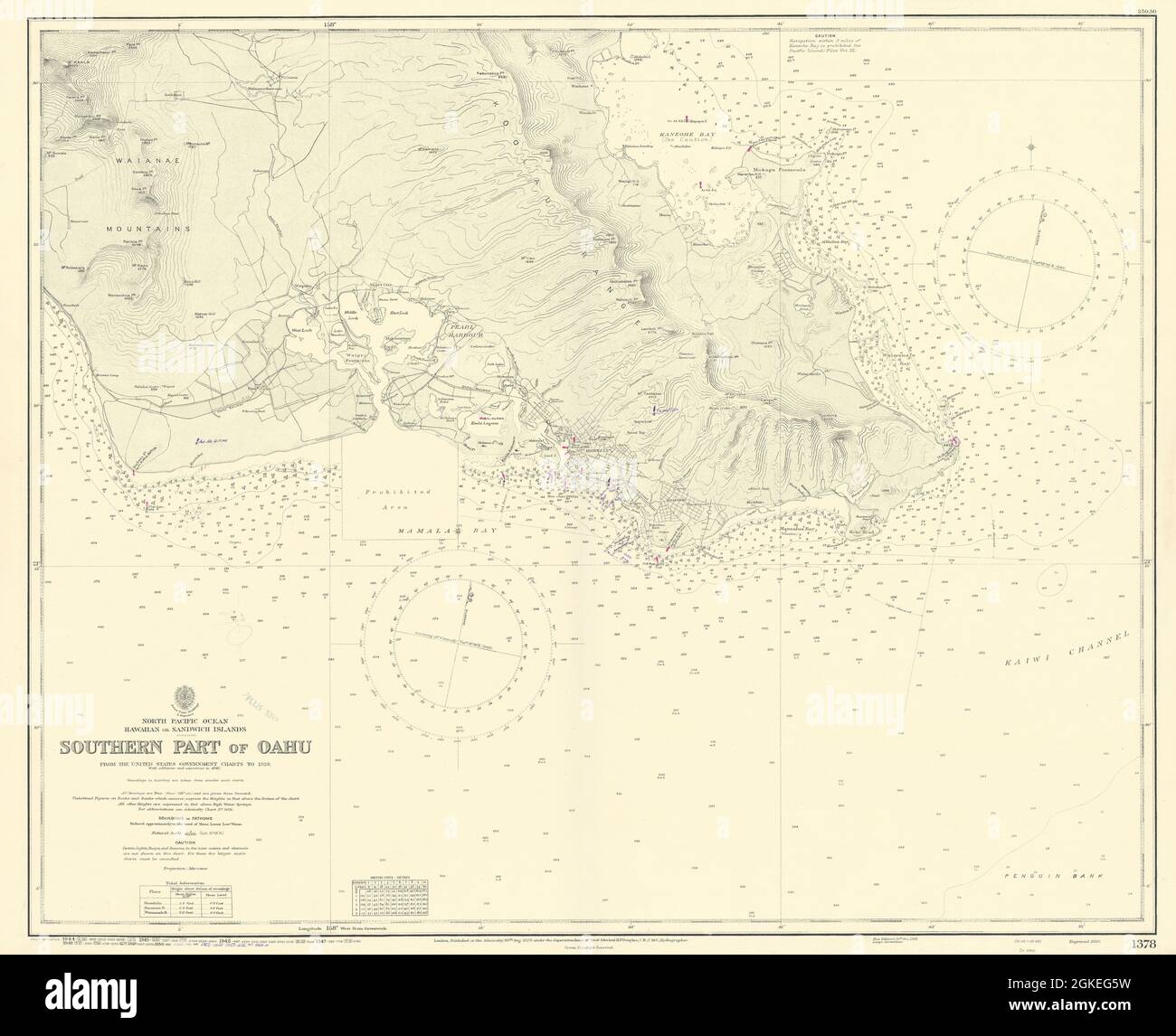 Oahu meridionale. Hawaii. Pearl Harbor. ADMIRALTY Sea chart 1929 (1954) vecchia mappa Foto Stock