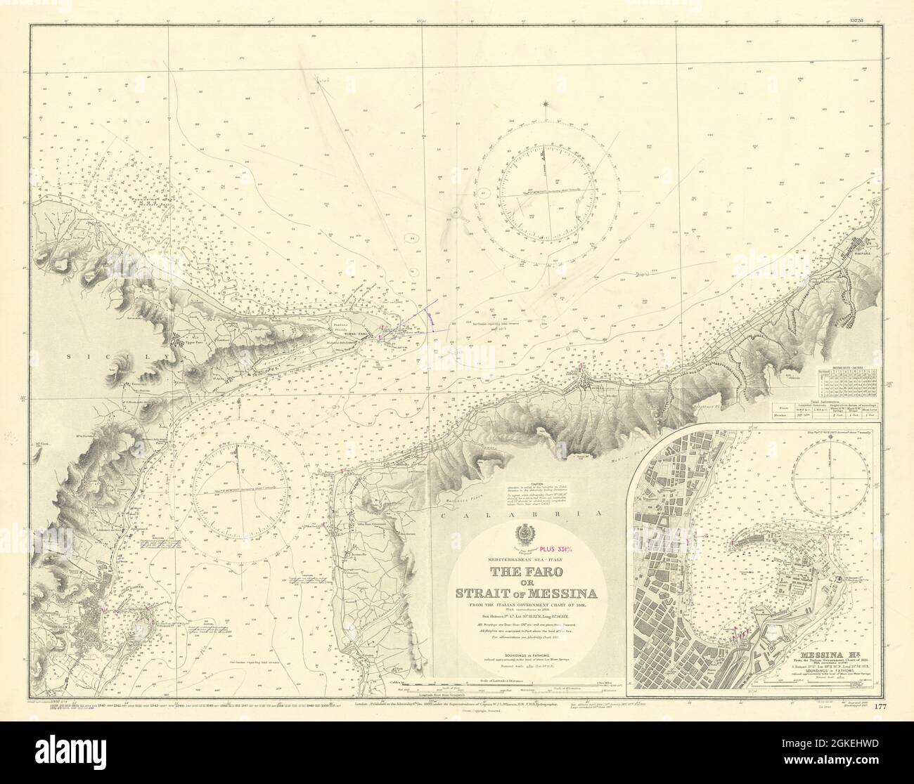 Faro o stretto di Messina. Porto Sicilia. MAPPA DELL'ADMIRALTY Sea chart 1889 (1953) Foto Stock