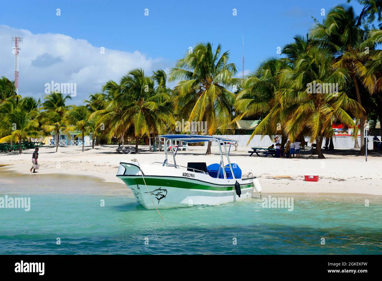 Barca sulla spiaggia, il villaggio di pescatori di mano Juan, Isla Saona Island, Parque Nacional del Este, Repubblica Dominicana Foto Stock