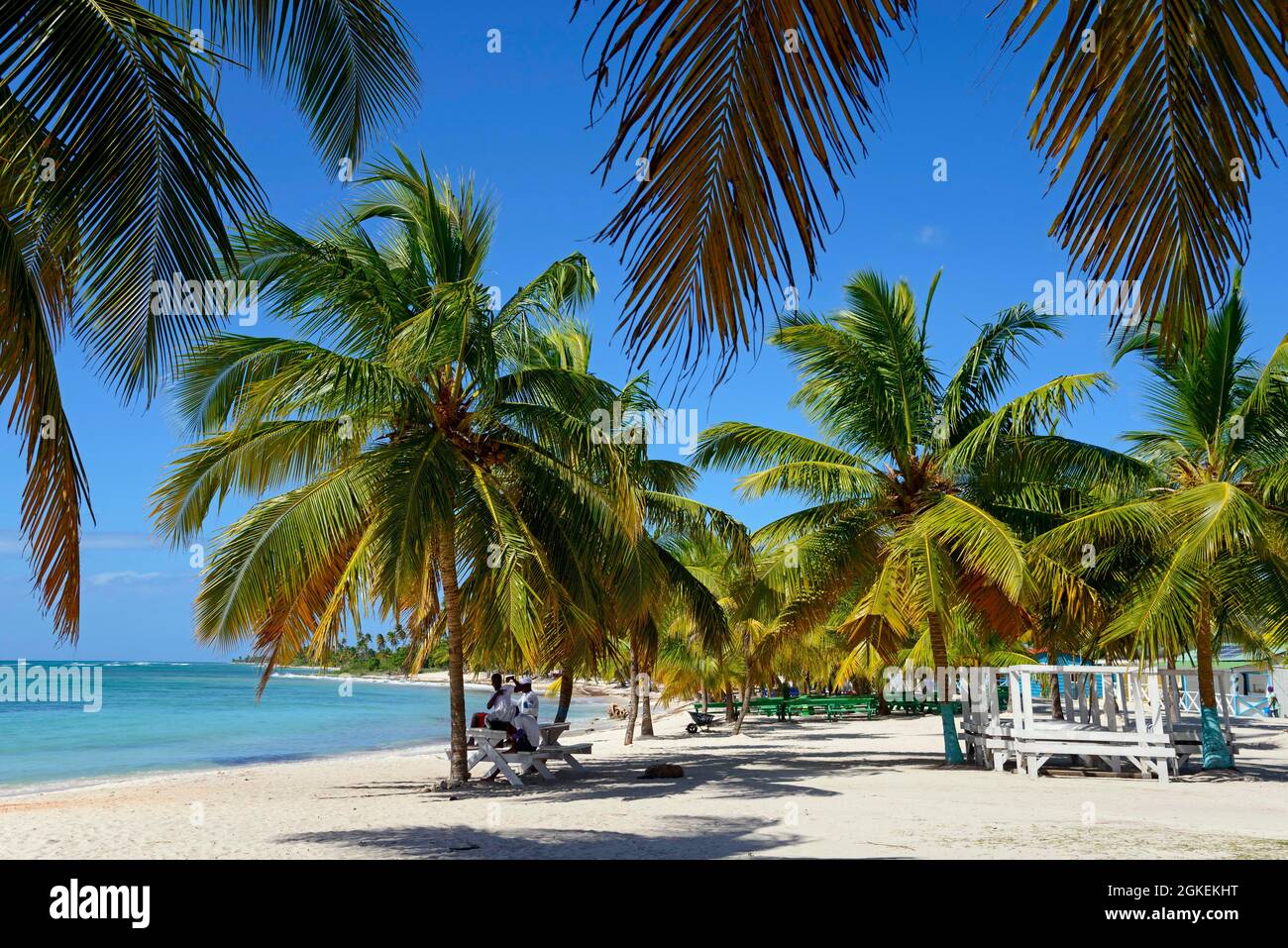 Spiaggia, il villaggio di pescatori di mano Juan, isola di Isla Saona, Parque Nacional del Este, Repubblica Dominicana Foto Stock
