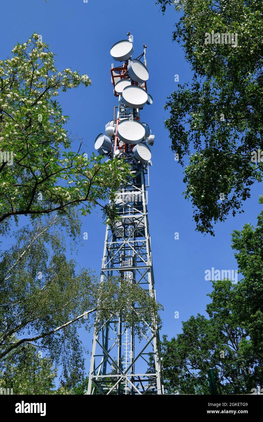 Palo di trasmissione radio-relè presso la torre della televisione Mueggelberge, Koepenick, Treptow-Koepenick, Berlino, Mueggelberge, Germania Foto Stock