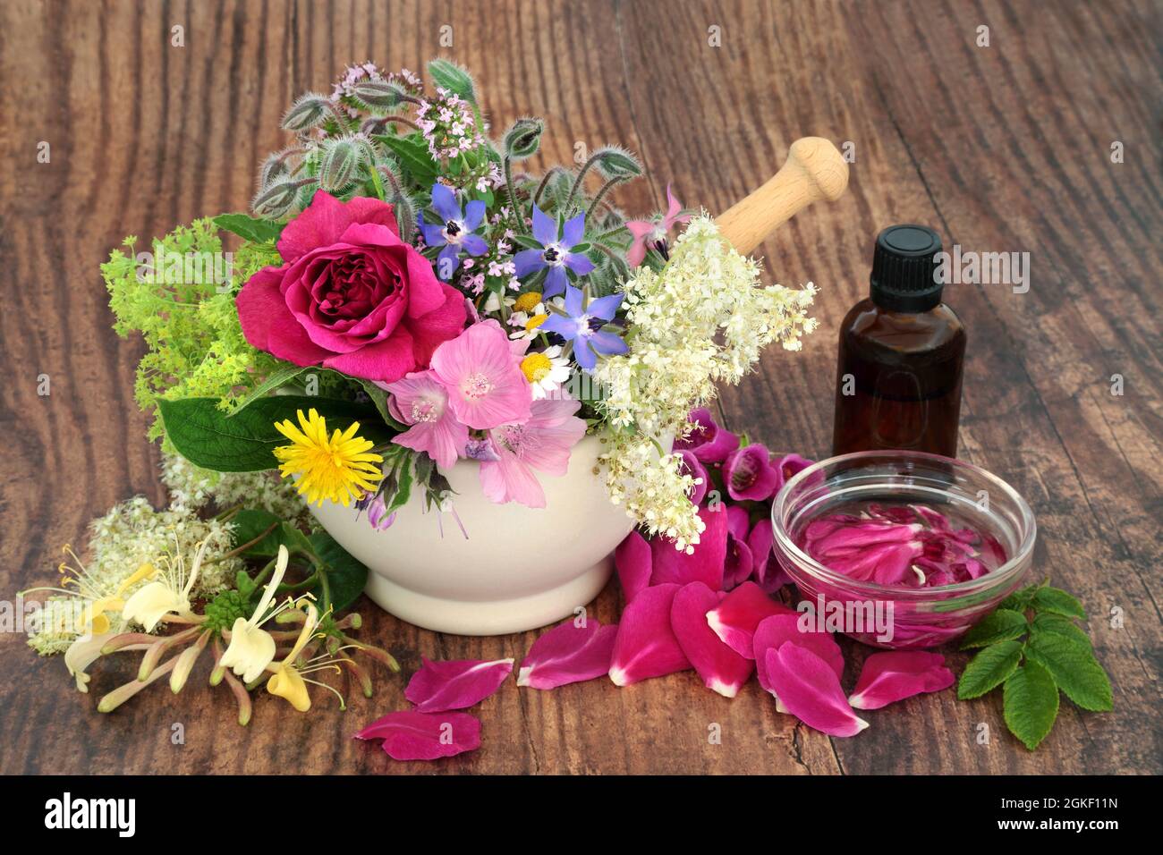 Aromaterapia preparazione olio essenziale per trattamenti di erbe vegetali. Erbe e fiori in un mortaio, sciolto e piangendo in una ciotola di olio. Foto Stock