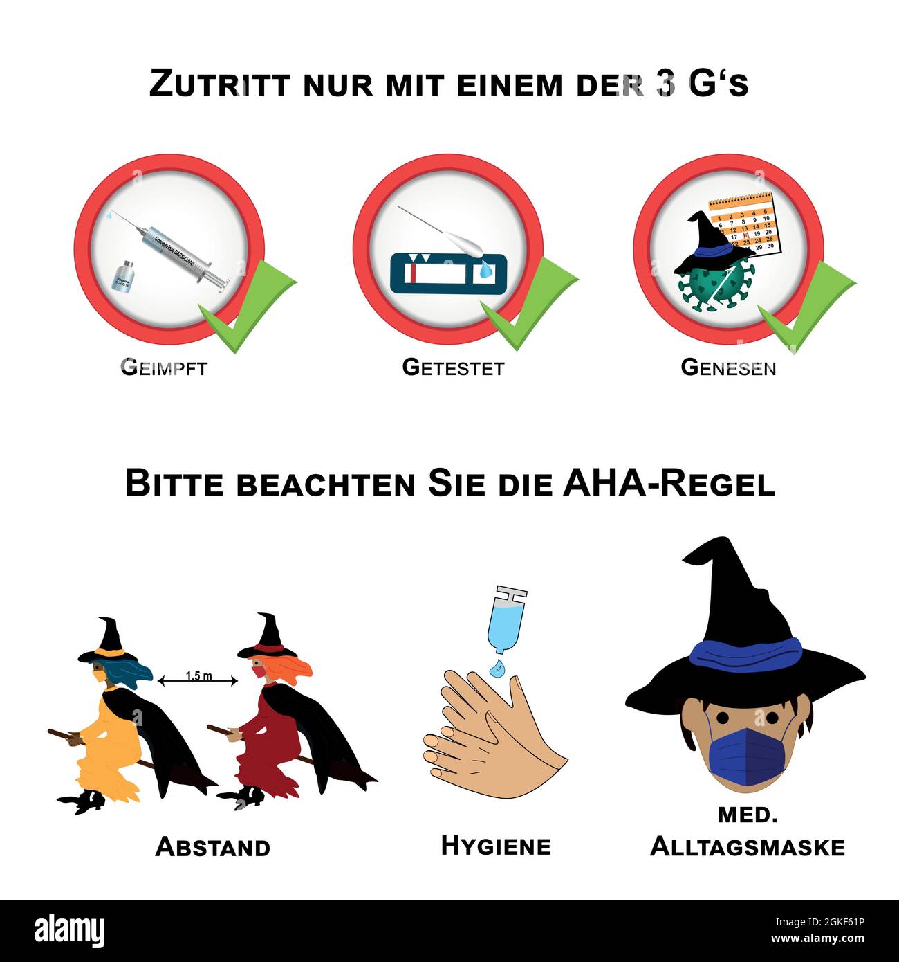 La regola 3G e AHA per Halloween. Testo in tedesco (accesso solo con uno dei 3 G, vaccinato, testato, recuperato), (si prega di notare la regola AHA, dista Illustrazione Vettoriale