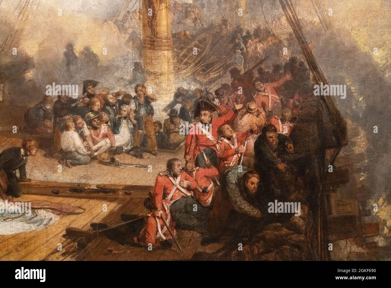 Dettaglio da vicino; JMW Turner dipinge, 'la battaglia di Trafalgar, come visto dalle schermature di Starboard Mizen della Vittoria', la morte di Nelson, Foto Stock