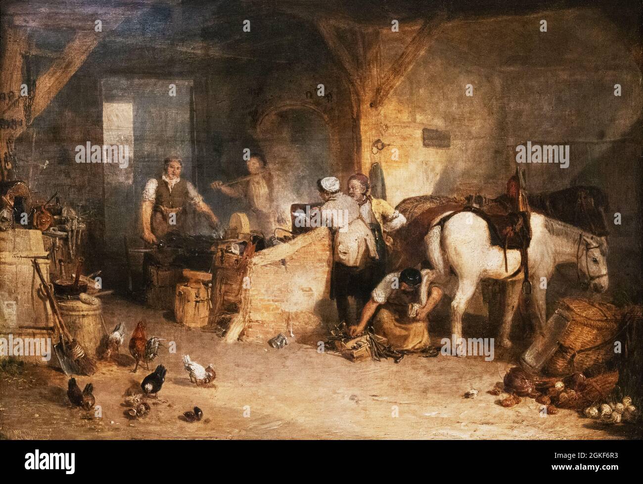 JMW Turner dipinge; 'Un Country Blacksmith contestando il prezzo del ferro, e il prezzo addebitato al macellaio per la taccheggio suo Poney '1807 oli. Foto Stock