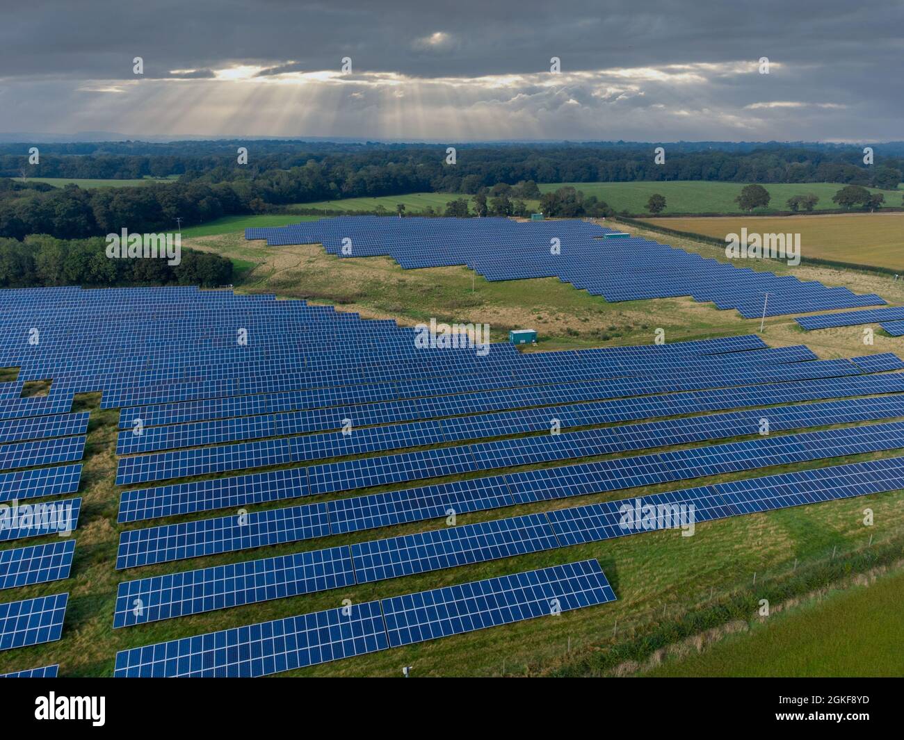 Vista aerea di un grande impianto di generazione di pannelli solari commerciali che produce energia verde pulita per la rete elettrica nazionale, (West Sussex) Regno Unito Foto Stock