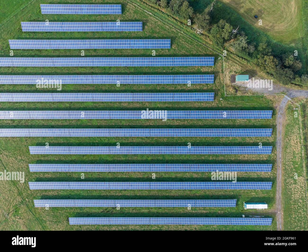 Vista aerea di un grande impianto di generazione di pannelli solari commerciali che produce energia verde pulita per la rete elettrica nazionale, (West Sussex) Regno Unito Foto Stock