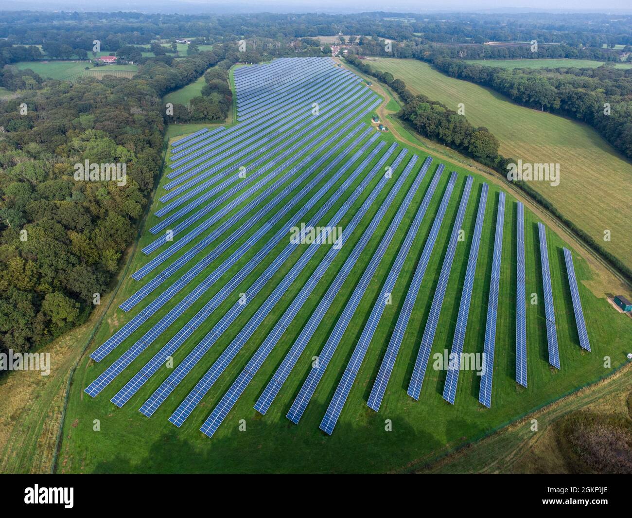 Vista aerea di un grande impianto di generazione di pannelli solari commerciali che produce energia verde pulita per la rete elettrica nazionale, (West Sussex) Regno Unito Foto Stock