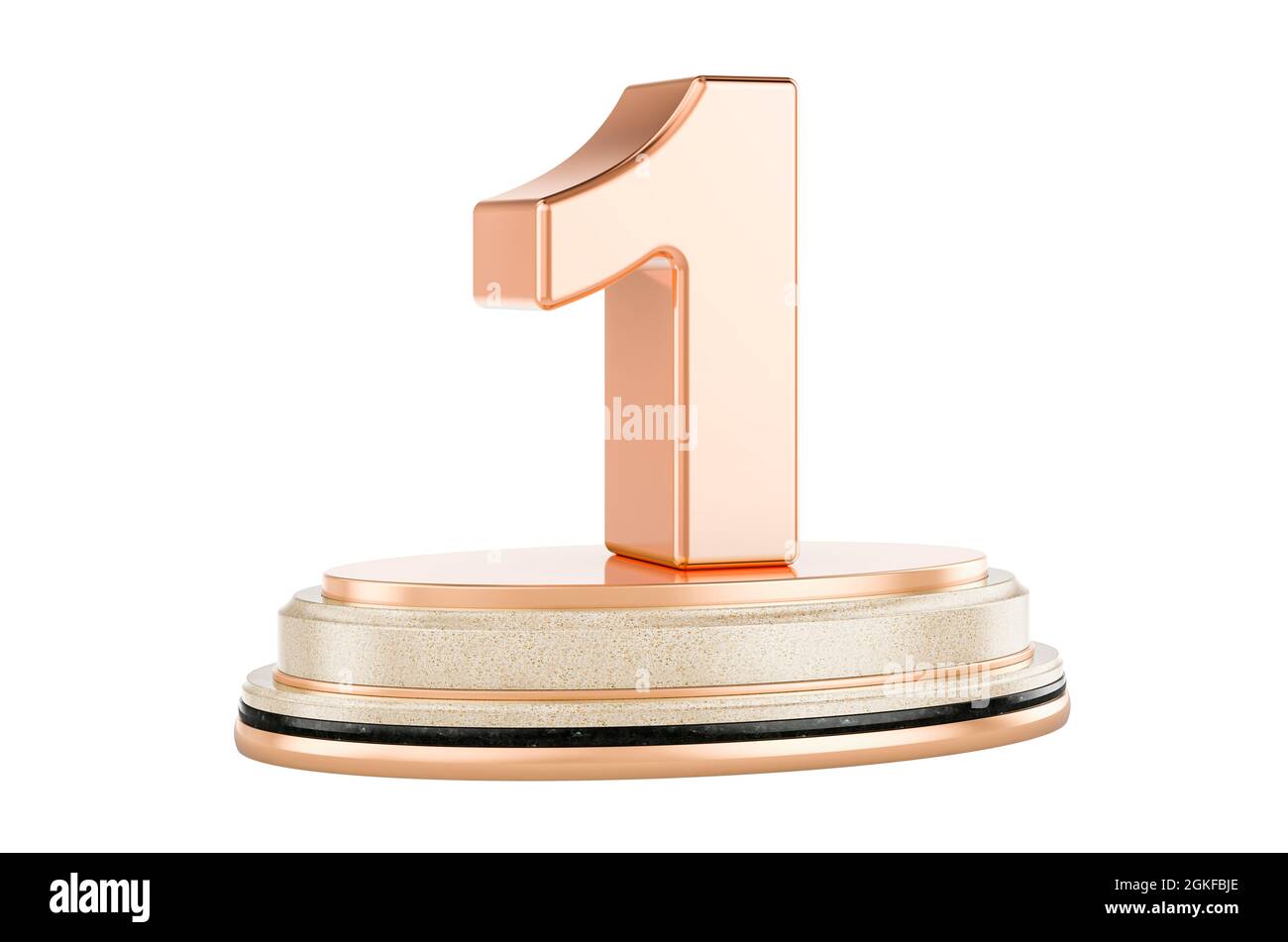 Golden 1 sul podio, premio concetto. Rendering 3D isolato su sfondo bianco Foto Stock