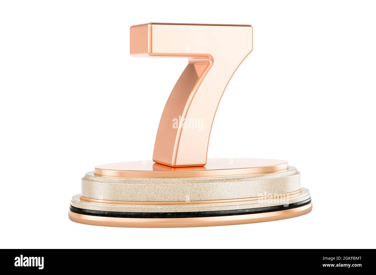 Golden 7 sul podio, premio concetto. Rendering 3D isolato su sfondo bianco Foto Stock