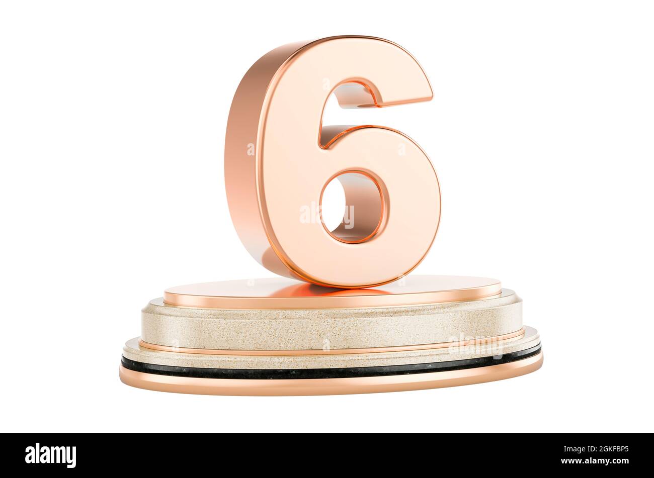 Golden 6 sul podio, premio concetto. Rendering 3D isolato su sfondo bianco Foto Stock