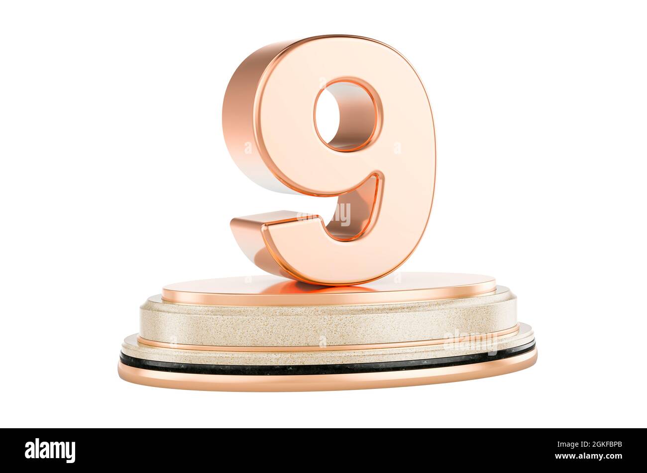 Golden 9 sul podio, premio Concept. Rendering 3D isolato su sfondo bianco Foto Stock