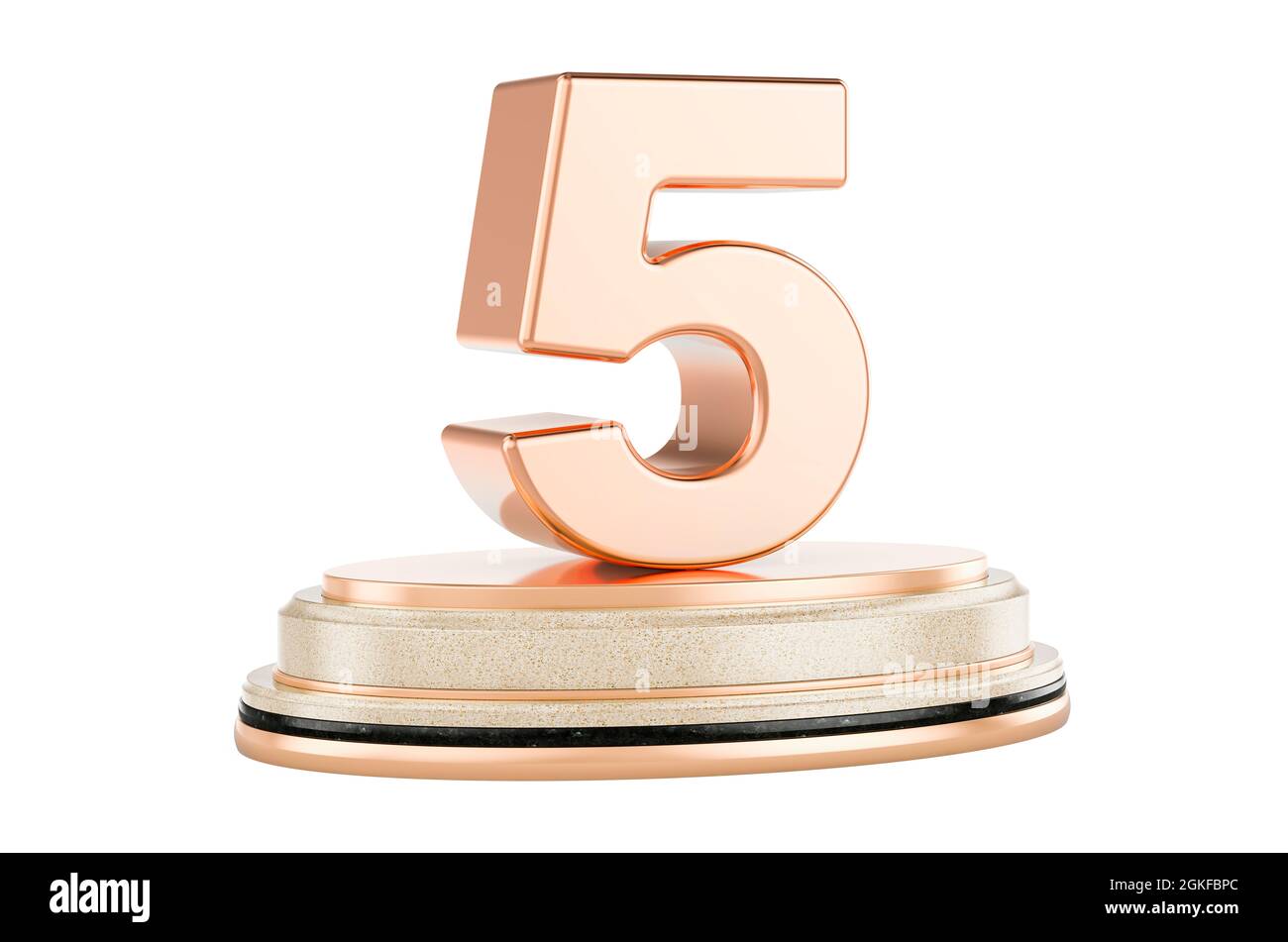 Golden 5 sul podio, premio Concept. Rendering 3D isolato su sfondo bianco Foto Stock
