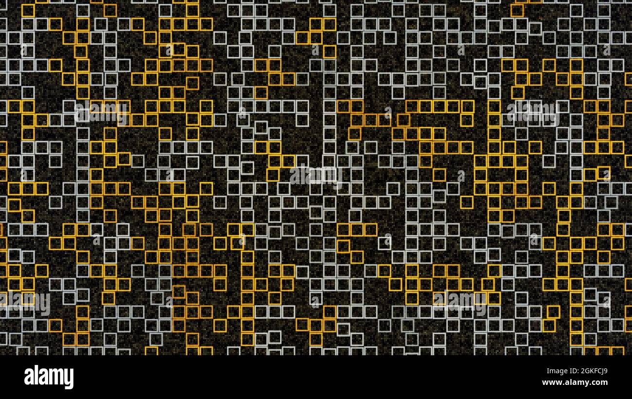 Quantità infinita di righe di quadrati su sfondo scuro, loop senza giunture. Animazione. Sagome vuote di quadratini che si muovono in modo casuale Foto Stock