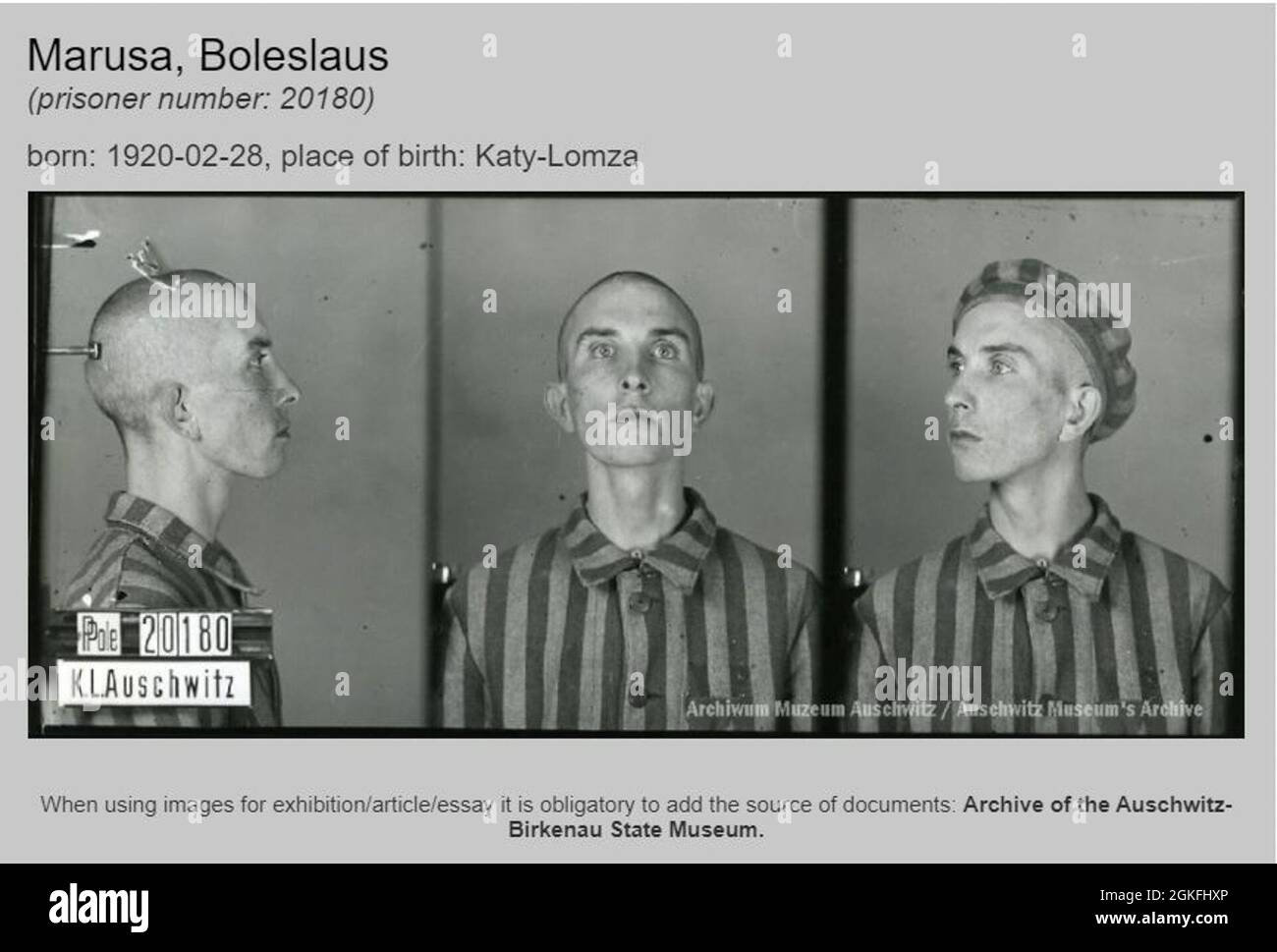 Foto ufficiale del campo di concentramento di Boleslaus Marusa, prigioniero di Auschwitz. (Archivio del Museo di Stato di Auschwitz-Birkenau.) Foto Stock