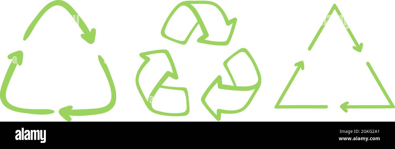 Dodle Recycle Set di simboli freccia, utilizzando risorse riciclate. Icona verde eco vettoriale stile disegnato a mano. Concetto di ecologia dei rifiuti zero. Raccolta di illustrazioni vettoriali Illustrazione Vettoriale