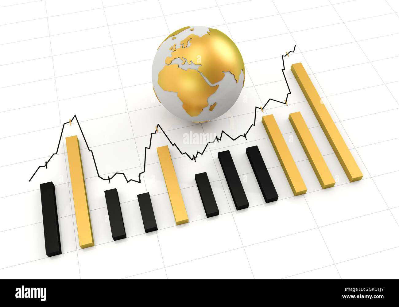 Grafico crescente con globo dorato, rendering 3d, sfondo bianco Foto Stock