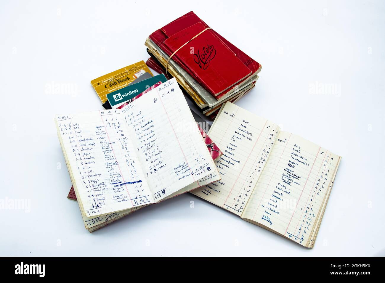vecchi libri di conto per la contabilità domestica della famiglia che mostrano tutti gli acquisti effettuati Foto Stock
