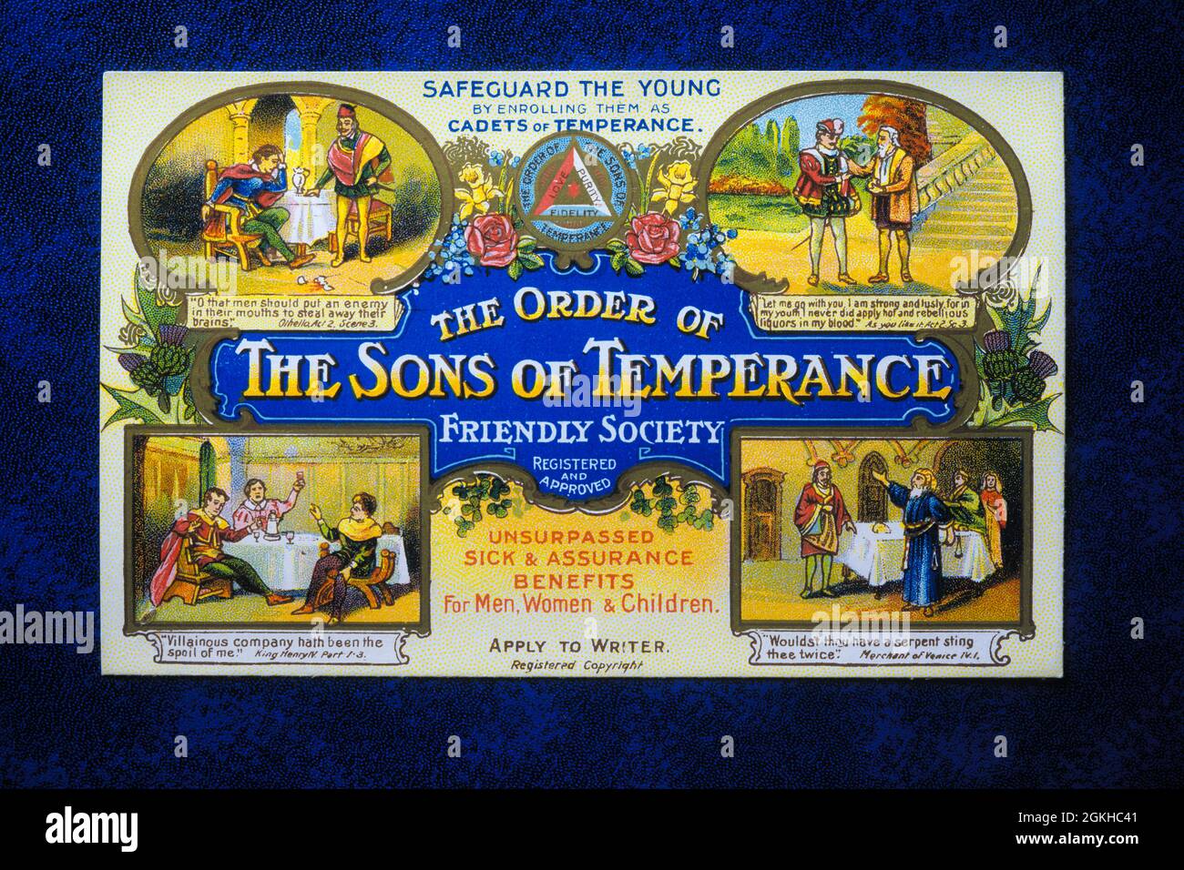 1900S LA CARTOLINA DI PROMOZIONE DI TEMPERANZA DALL'ORDINE DEI FIGLI DELLA SOCIETÀ AMICHEVOLE DI TEMPERANZA FONDATA NEL 1855 NEW YORK STATI UNITI - KA6750 CPC001 HARS VECCHIO STILE SOBRIO Foto Stock