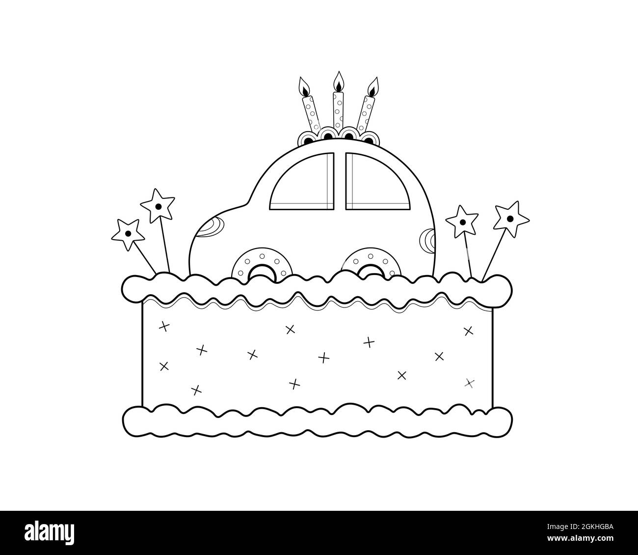 torta di compleanno dei bambini in bianco e nero con carino auto sulla parte superiore e tre candele che bruciano, illustrazione di arte di linea isolata su sfondo bianco Foto Stock