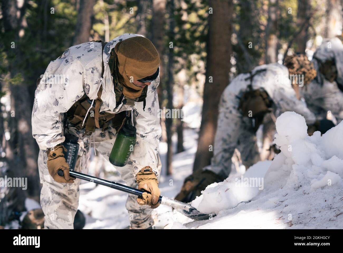 Una Marina degli Stati Uniti con il secondo battaglione, quinto reggimento marino, scuela la neve per creare una zona notte durante la valutazione finale al Mountain Warfare Training Exercise (MTX), un sub evento di Service Level Training Exercise 3-21 al Marine Corps Mountain Warfare Training Center, Bridgeport, California, il 23 aprile 2021. Lo scopo di MTX è insegnare a Marines a sopravvivere e operare in condizioni climatiche estreme e in ambienti montani. Foto Stock