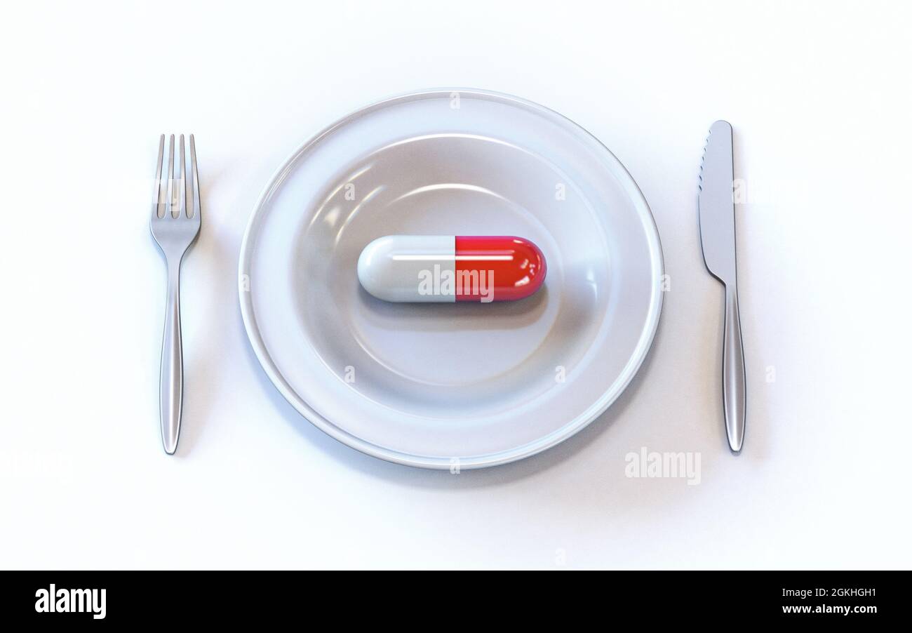 Capsula Medic tempo pasto 3D rappresentazione illustrazione isolato su sfondo bianco Foto Stock