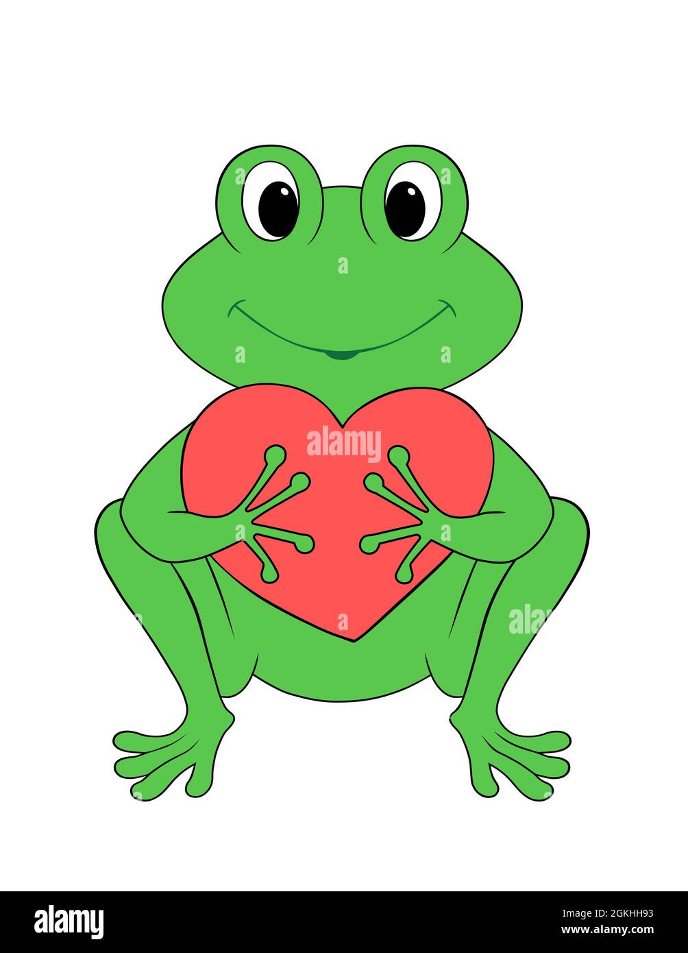 carino rana verde che tiene un cuore rosso, felice personaggio cartoon isolato su sfondo bianco Foto Stock