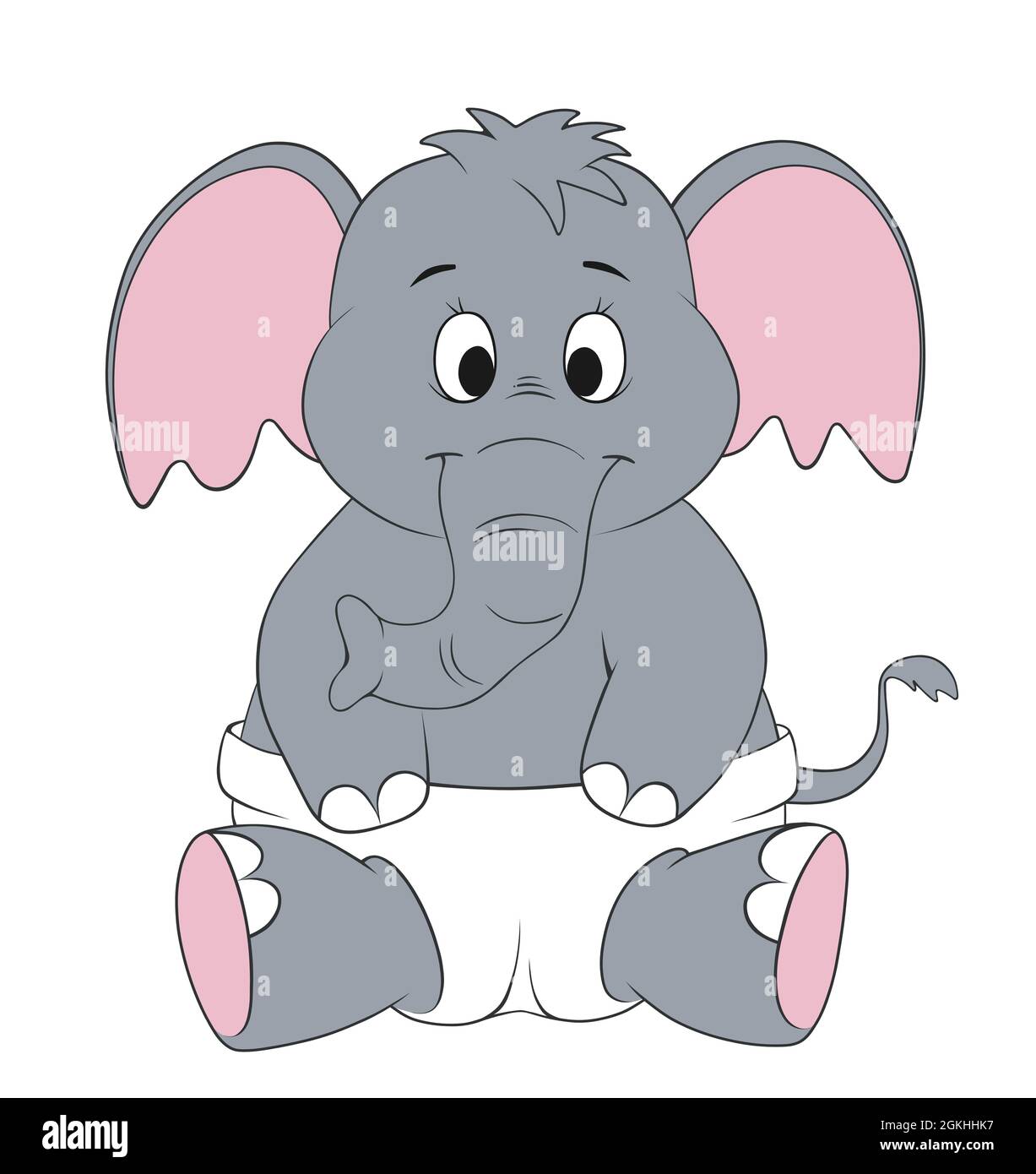 carino bambino elefante seduto e indossando un pannolino, animale cartoon isolato su sfondo bianco Foto Stock
