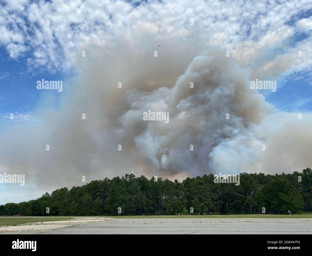 Un pennacchio di fumo copre l'orizzonte dopo una combustione controllata, aprile 23 su Fort Stewart, Georgia. Un grande fumo pennacchio hap-penne da diversi piccoli incendi che bruciano insieme rapidamente per formare un grande fuoco. Foto Stock