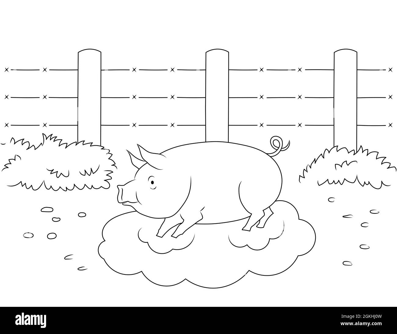 contorno bianco e nero disegno di un maiale in fango, recinzione e erba, animali fattoria colorazione pagina per bambini. è possibile stampare su carta 8,5x11 pollici Foto Stock