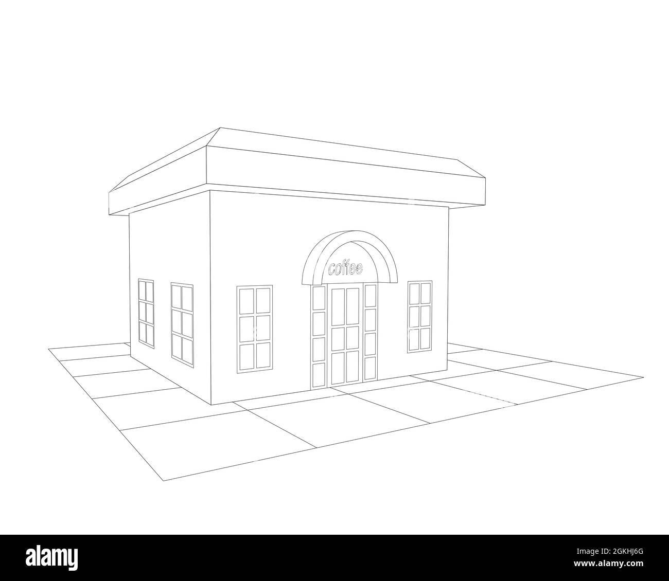 vista in 3d di un negozio di caffè o di un edificio esterno di un negozio di caffè, illustrazione in bianco e nero di un piccolo ristorante, vista prospettica Foto Stock